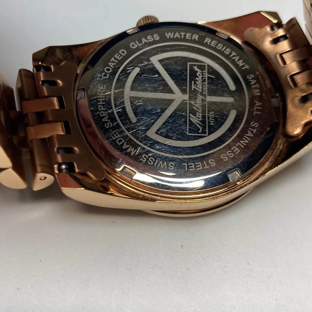 Mathey Tissot H709 rose gold tone, white textured dial, new battery, stainless